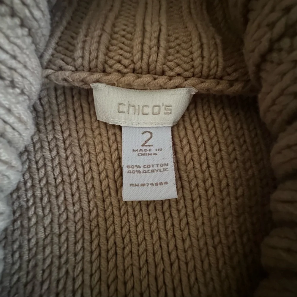 Chicos Sweater Womens 2 L Tan Chunky Cable Knit Short Sleeve Button Cardigan - Picture 5 of 9